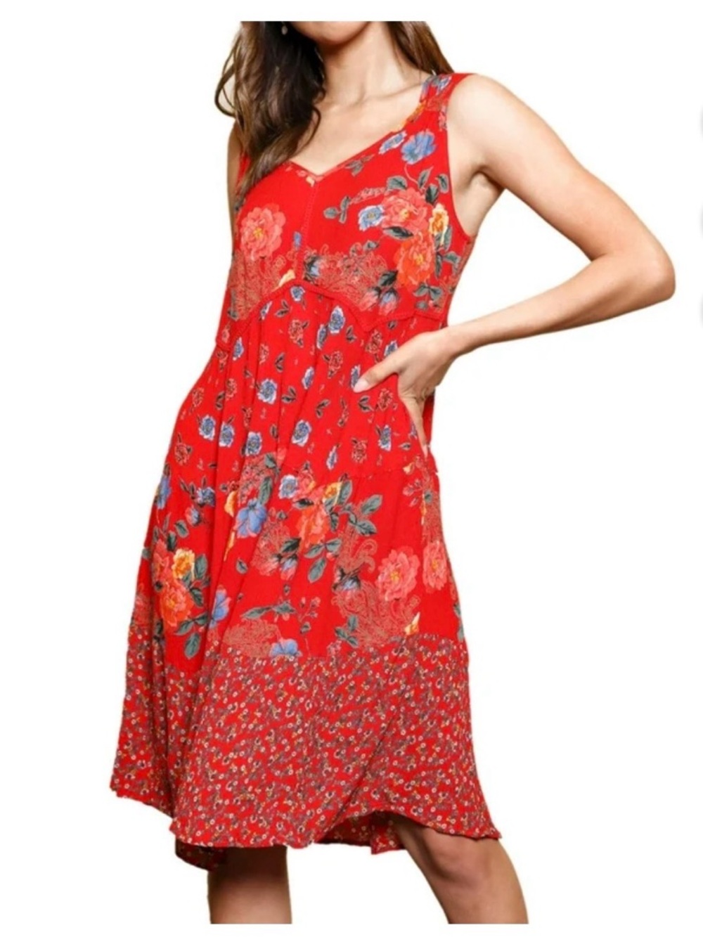 Bila Red Floral Sleeveless V-Neck Peasant Relaxed Fit Dress Size Medium